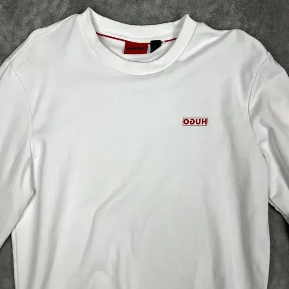 Hugo Boss Cotton Terry Sweatshirt Men L White Streetwear Reverse Spellout